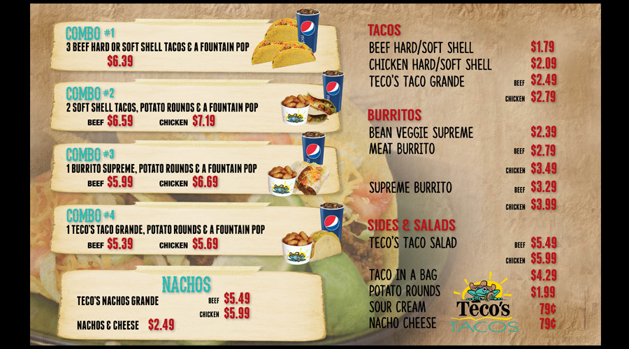 Digital menu board for Teco's Tacos